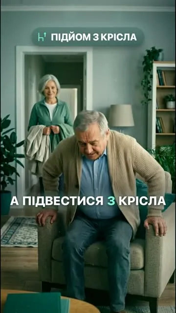Кадр: чоловік підводиться з крісла, дружина стоїть позаду, напис «А підвестися з крісла»