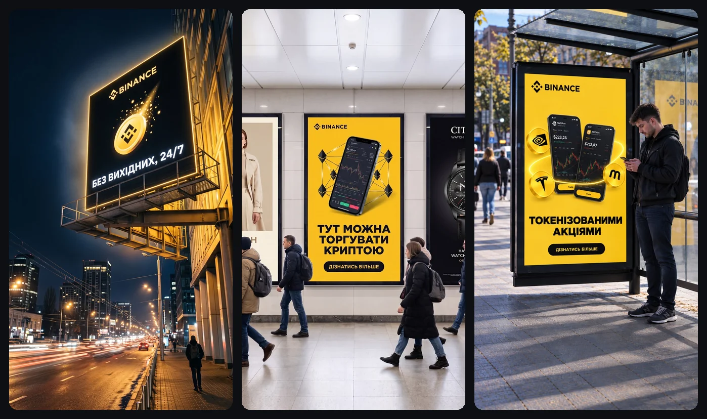 Візуали зовнішньої реклами Binance: нічний білборд «Без вихідних, 24/7», панель у метро «Тут можна торгувати криптою», зупинка «Токенізованими акціями»