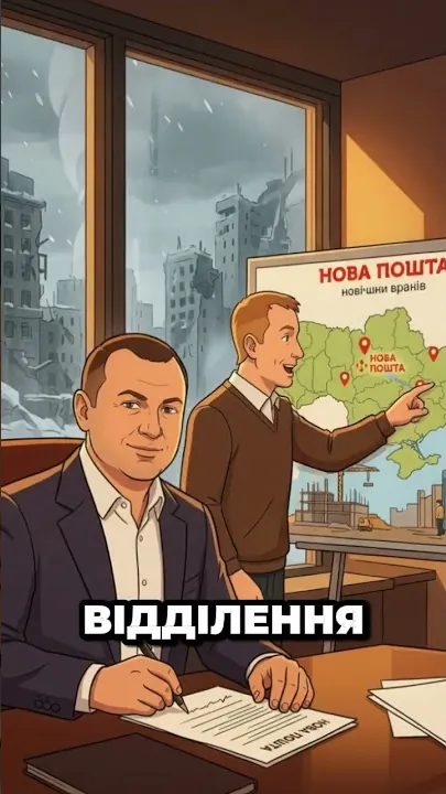 Обкладинка ролика про Нову Пошту: ілюстрований чоловік на тлі карти України