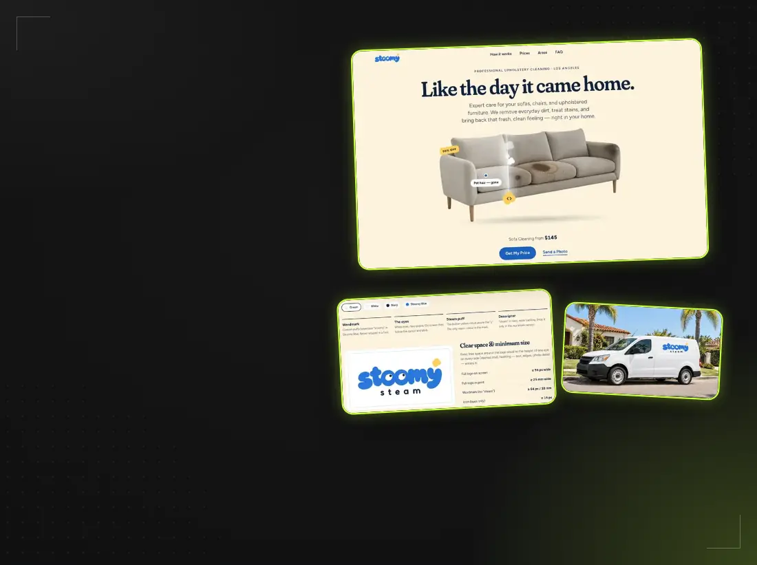 Чотири версії логотипа Stoomy Steam: на кремовому, темно-синьому, синьому й білому тлі — знак з двома очима