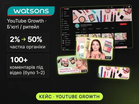Обкладинка кейсу Watsons Ukraine: YouTube-канал на ноутбуці, платний трафік 98 % → 50 %, watchtime 30 сек → 3:30
